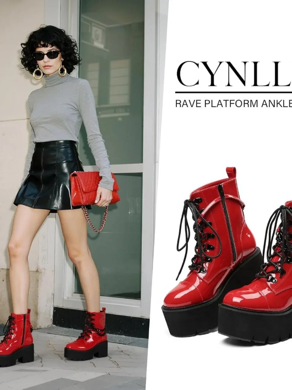 Women's Red Combat Chunky Wedge Heel Rave Goth Lace Up Zipper Shoes Booties - Picture 2 of 6